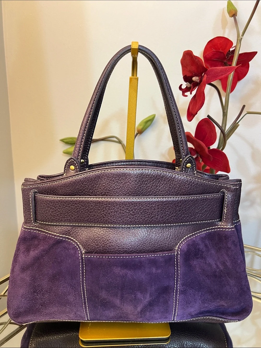 Cole Haan Purple Y2K Suede & Leather Top Handle Satchel with Gold Hardware